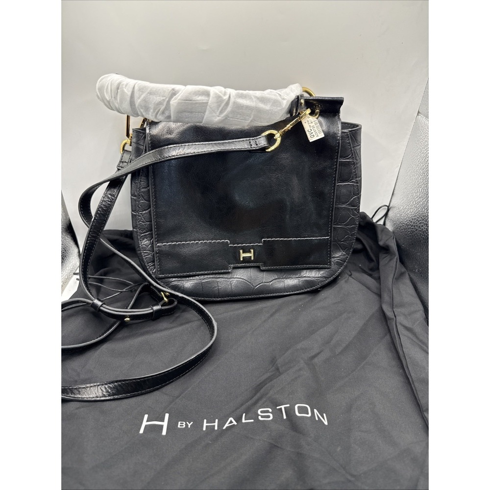 HALSTON VINTAGE (yet New) BLACK LEATHER SATCHEL PURSE CROSSBODY WOMENS HANDBAG